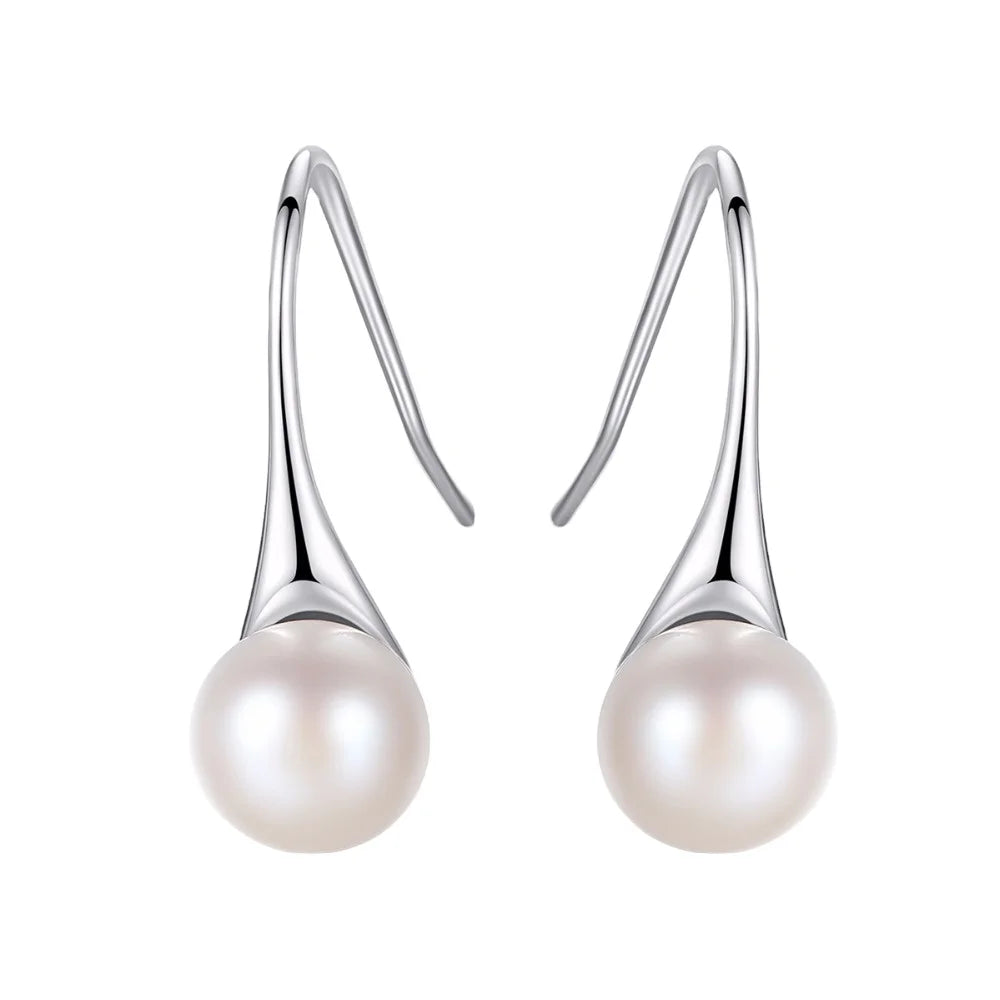 PAG&MAG Beautiful Sterling Silver Spoon Shape Putting a Fine Natural Pearl Stud Earring for Women Bridal Chandelier Earrings