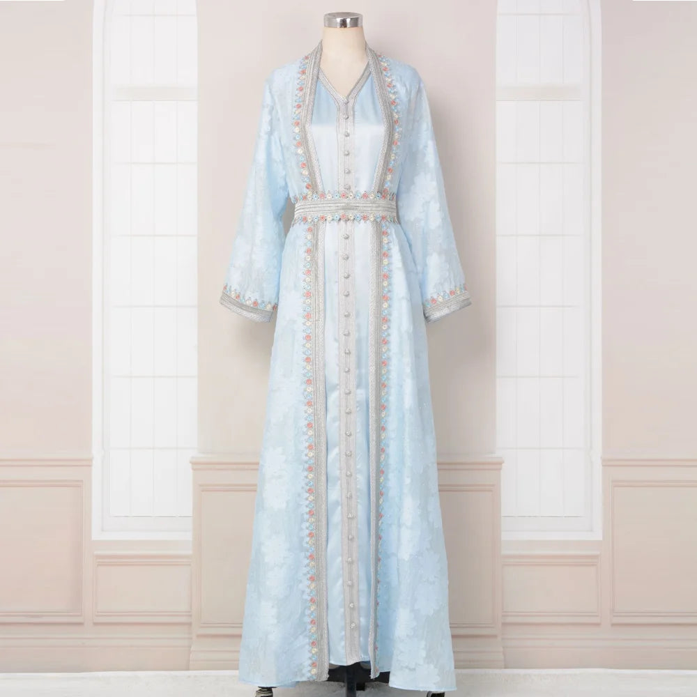 Stylish Light Blue Closed Fashionable Printed Beautiful Malaysian Good Quality Abaya En Satin Dubai