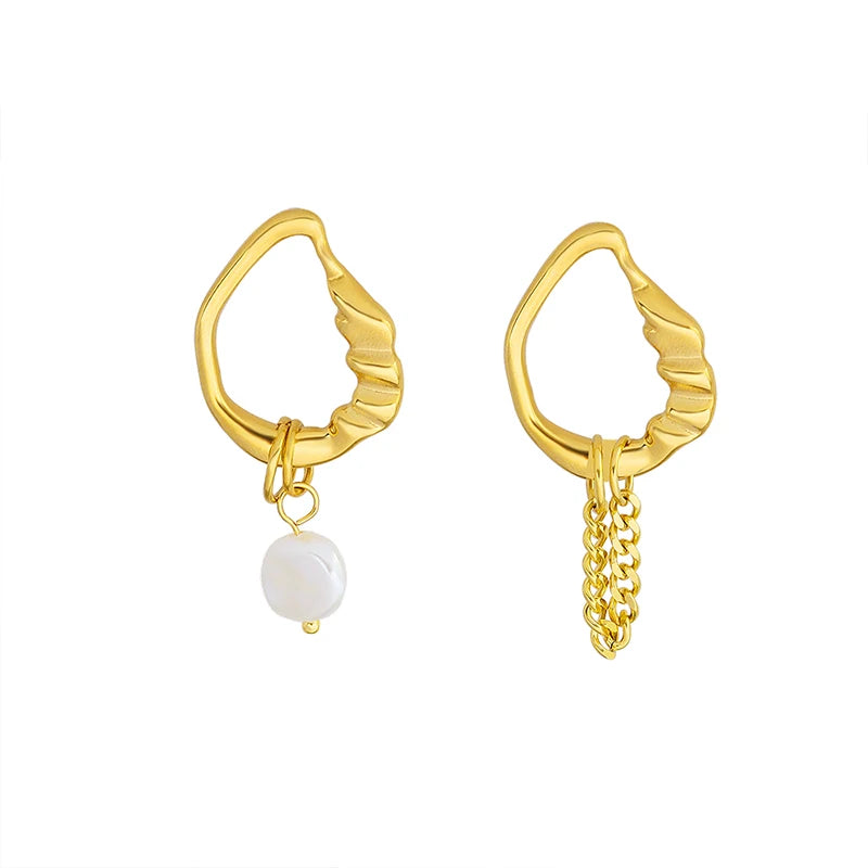 French Unique 18K Gold Plated Asymmetrical Shaped Pearl Earrings for Women Trendy Stainless Steel with Geometric Pattern
