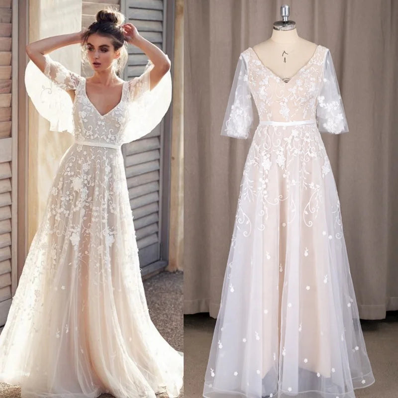 #9095 REAL PHOTOS by FANWEIMEI V-Neck Backless Half Sleeve A-Line Simple Bohemian Boho Lace Applique Wedding Dress Bride Gown