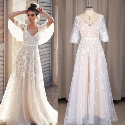 #9095 REAL PHOTOS by FANWEIMEI V-Neck Backless Half Sleeve A-Line Simple Bohemian Boho Lace Applique Wedding Dress Bride Gown