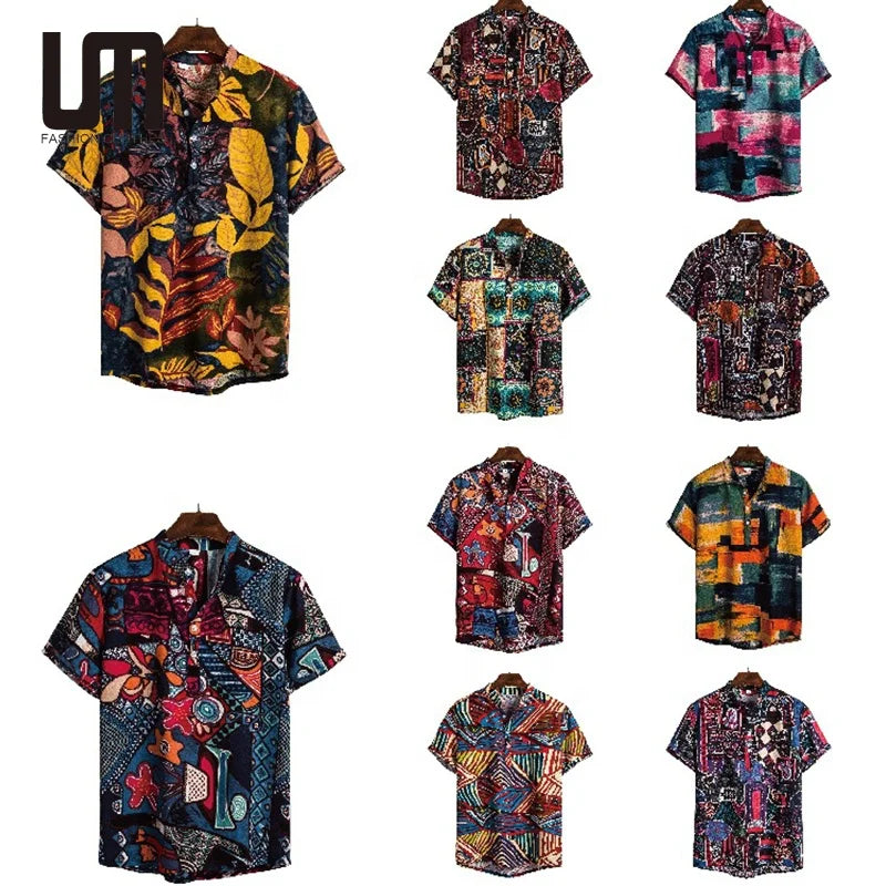 Custom Design Mens Fashion Ethnic Short Sleeve Shirt Casual Printing Hawaiian Beach Blouse T Shirt