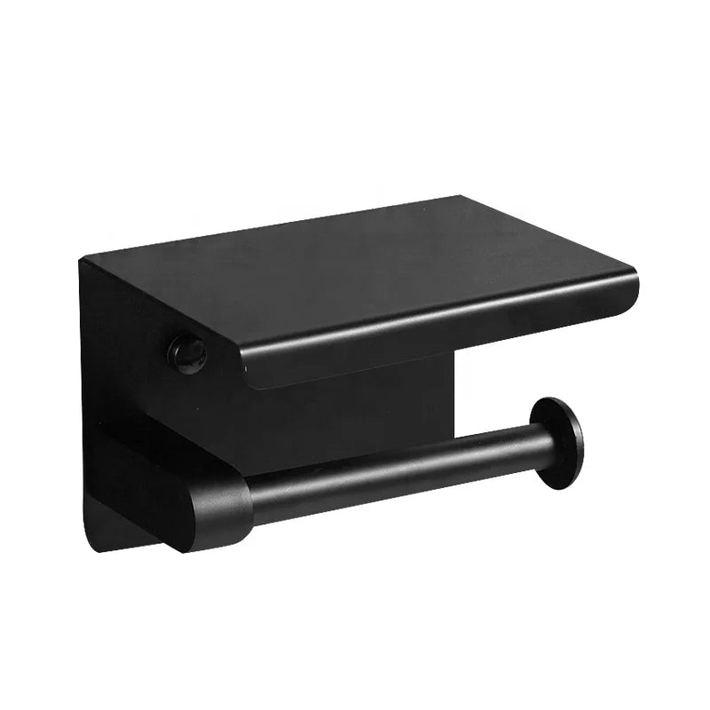 Modern Bathroom Accessories Matt Black Toilet Tissue Paper Towel Holder Stainless Steel with Mobile Phone Shelf for Home Office