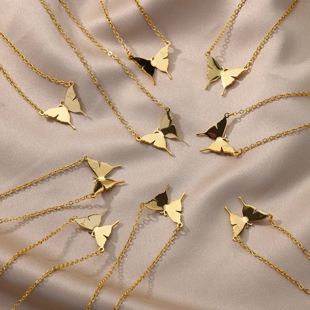 Custom Stainless Steel 18K Gold Plated Butterfly Pendant Name Initial Necklace for Women Personalized Jewelry Christmas Gift