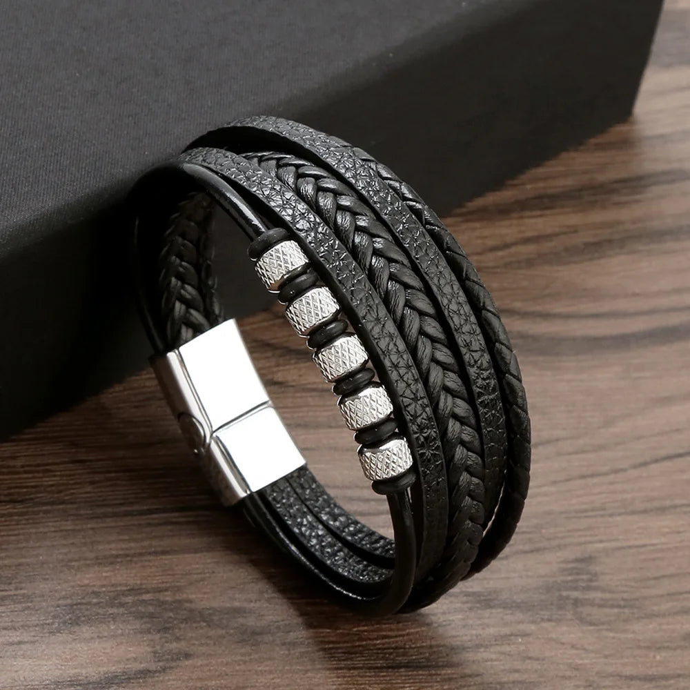 Classic Leather Rope Bracelet for Men With Magnetic Clasp Stainless Steel Beads Bracelet Stocks Selling Vintage Leather Jewelry