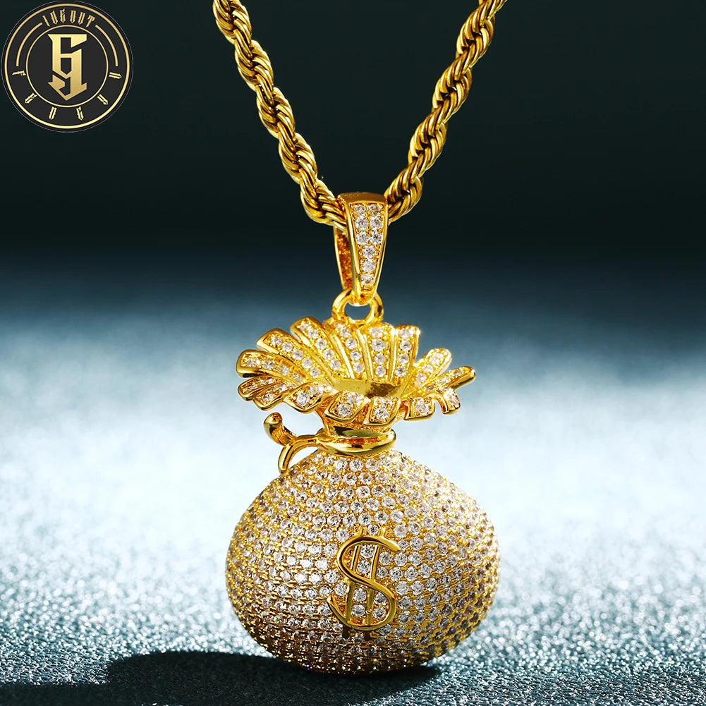 Customized Money Bag Necklace Brass Jewelry AAAAA Zircon Diamond Iced Out Dollar Pendant Necklace for Men Women