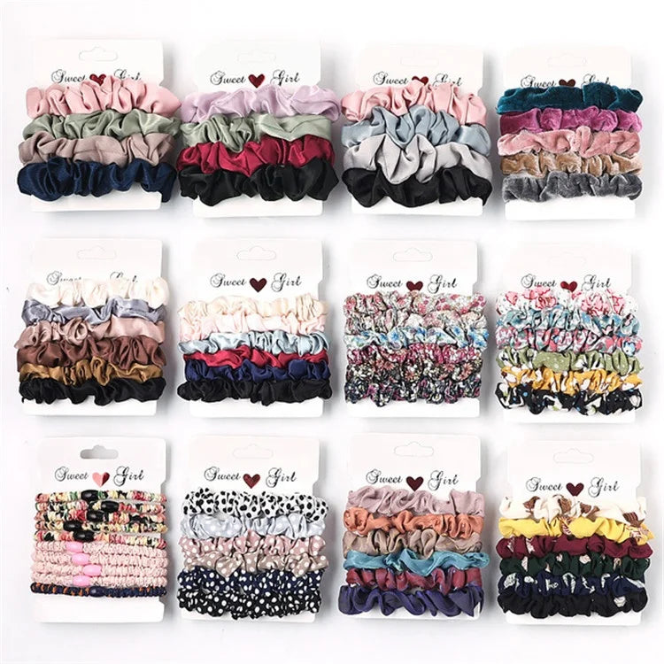 Fashion Girls Strong Ponytail Holder Elastic Hair Bobbles Custom Flower Silk Satin Velvet Hair Scrunchies Set for Women