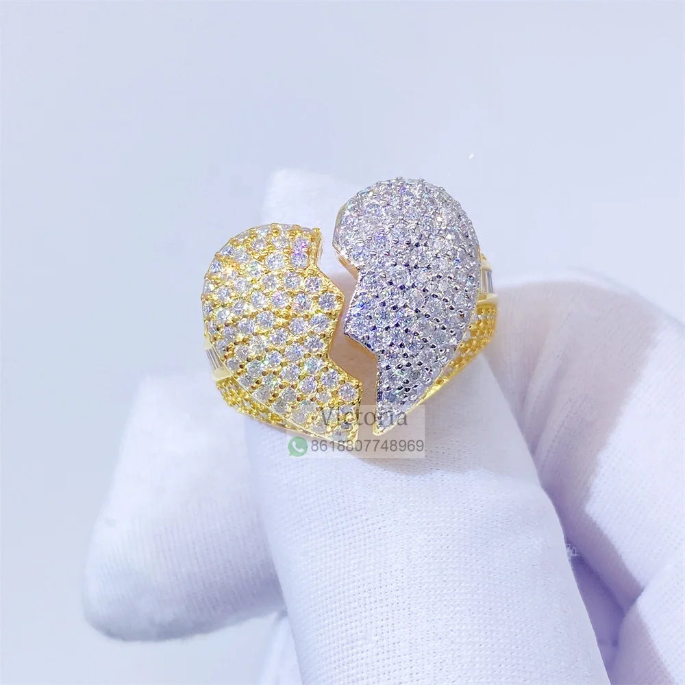VVS Moissanite Flower Setting Mens Broken Heart Hip Hop Iced Out Heart Ring