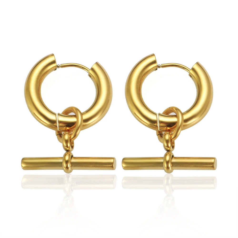 Waterproof Stainless Steel  OT Drop Hoop Earrings PVD 18K Gold Plated T Bar Charm Hanging Earrings