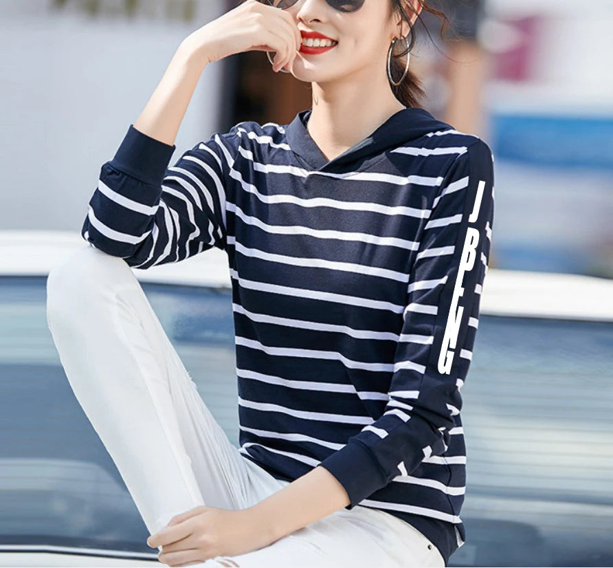 Woman Stripe Polyester Cotton Long Sleeve  Polo Shirts
