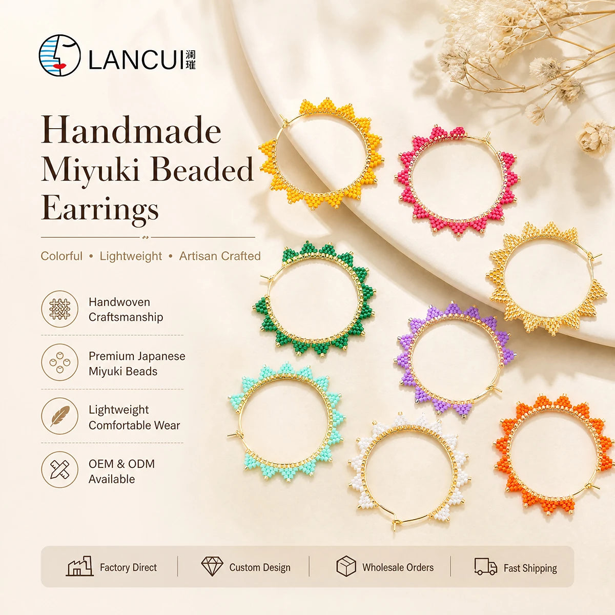 New Fashionable Custom Handmade Rainbow Geometric Beaded Hoop Earrings Boho Miyuki Earrings for Women Summer Jewelry