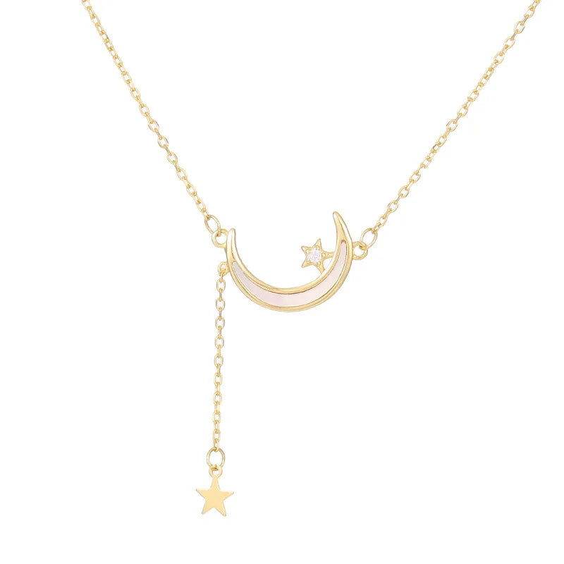 Fashion Jewelry 925 Sterling Silver Necklace Moon Star Diamond Shell Tassel Chain Gold Plated Necklaces for Women