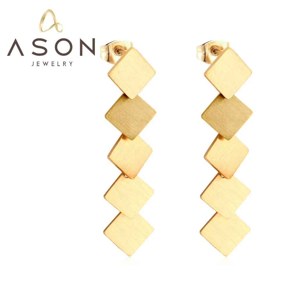 Ason Fashion Jewelry Female Waterproof Earrings Colorful Rhombus Wholesale Stainless Steel Drop Earrings for Party