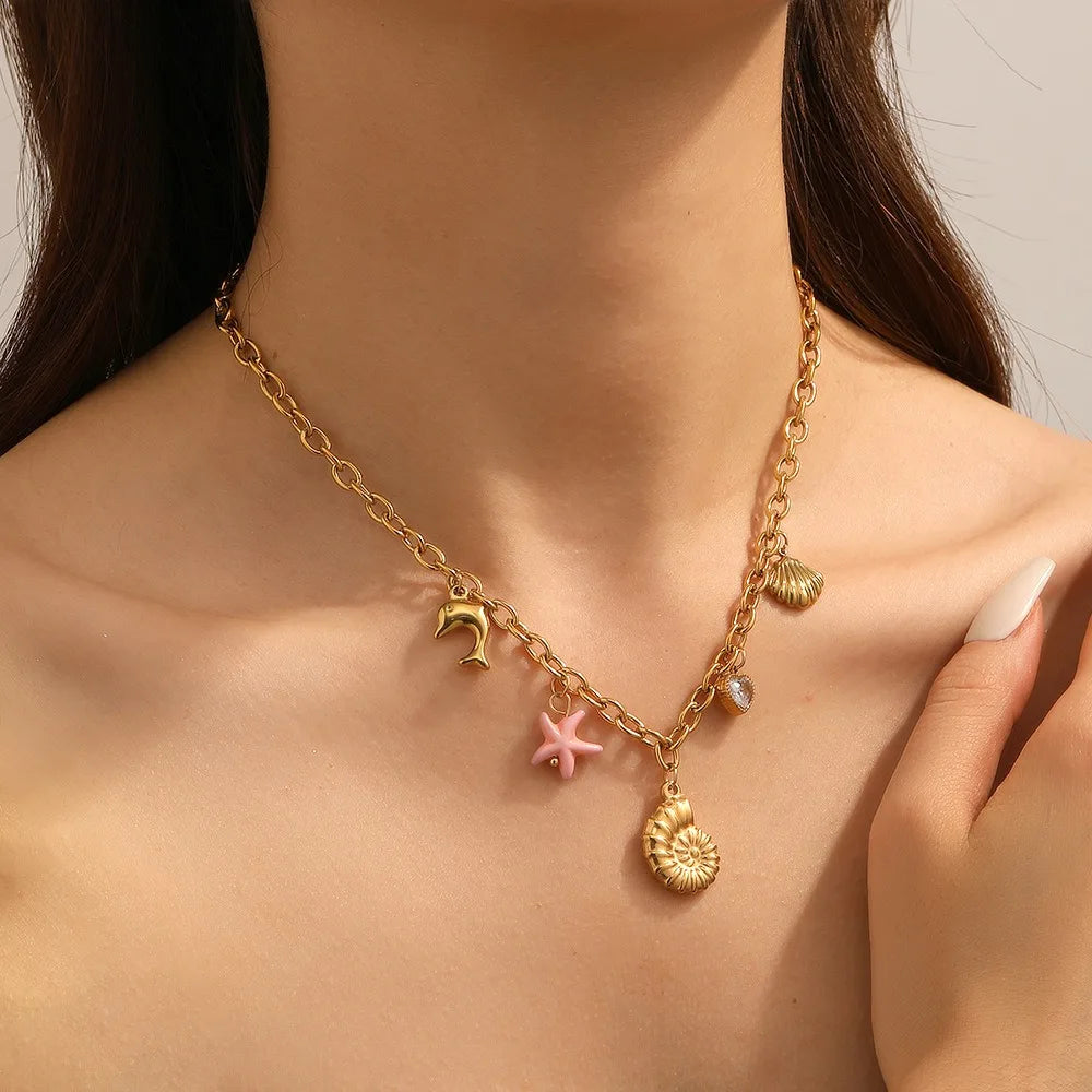 Wholesale Summer Women's Vintage Jewelry Set 18K Gold Plated Link Necklace Conch Shell Charms Stainless Steel Bulk Supply Gift