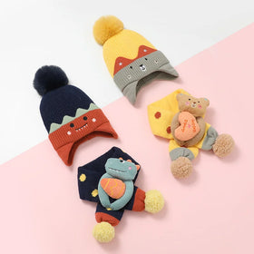 Cute Outdoor Children Winter Beanie Scarf Ear protection Soft Kids Warm Knitted Hats Set