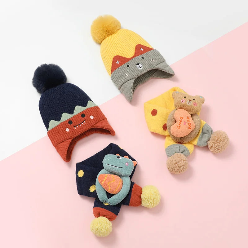 Cute Outdoor Children Winter Beanie Scarf Ear protection Soft Kids Warm Knitted Hats Set