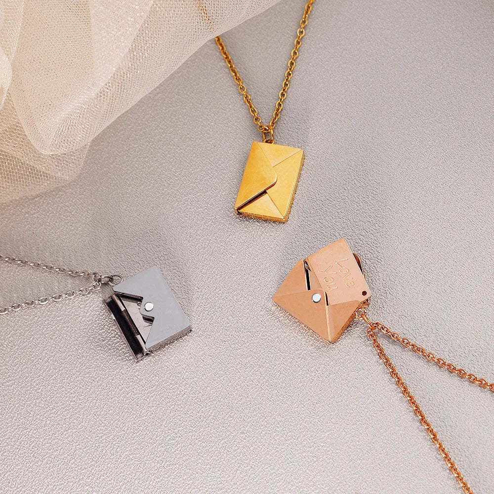 Custom Personalized Initial love Letter Necklaces Stainless Steel Envelope Locket Pendant Necklace