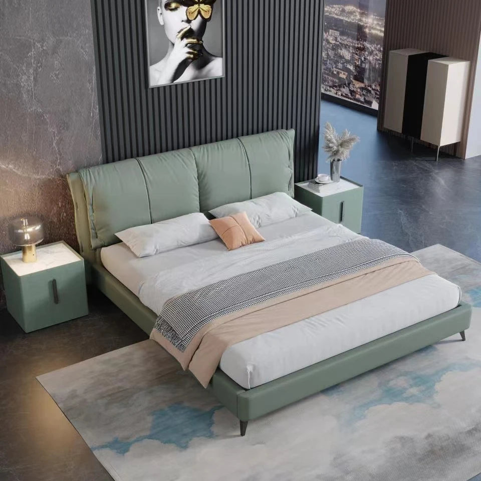 Italian Modern High Resilience  Natural Large Storage Place Upholstered Leather Bed Minimalist