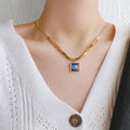 Luxury Hollow Square Beaded Gemstone Necklace Stainless Steel Snake Chain Square Pendant Necklace Jewelry