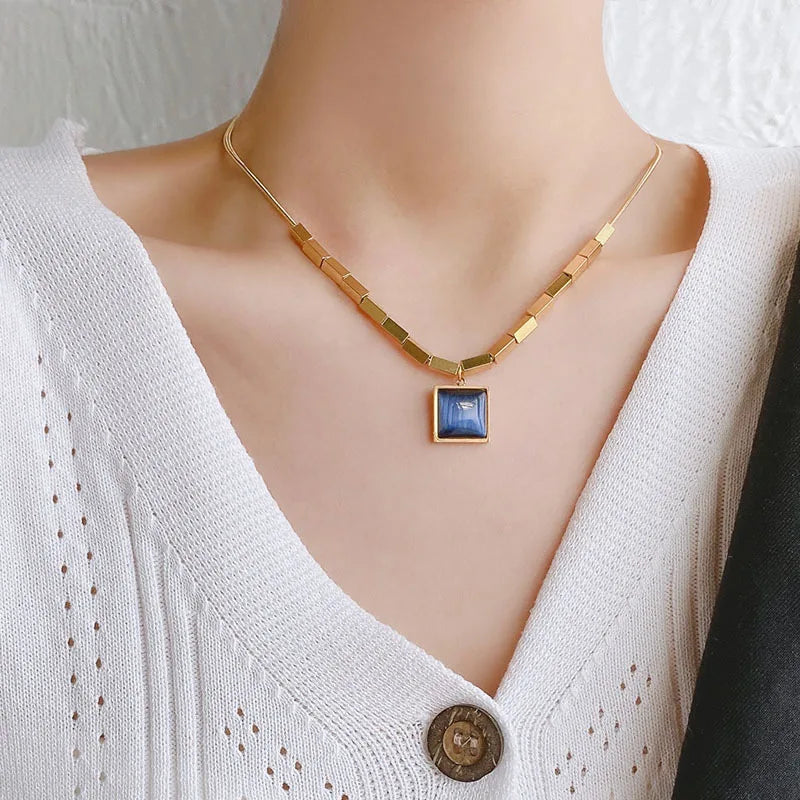 Luxury Hollow Square Beaded Gemstone Necklace Stainless Steel Snake Chain Square Pendant Necklace Jewelry