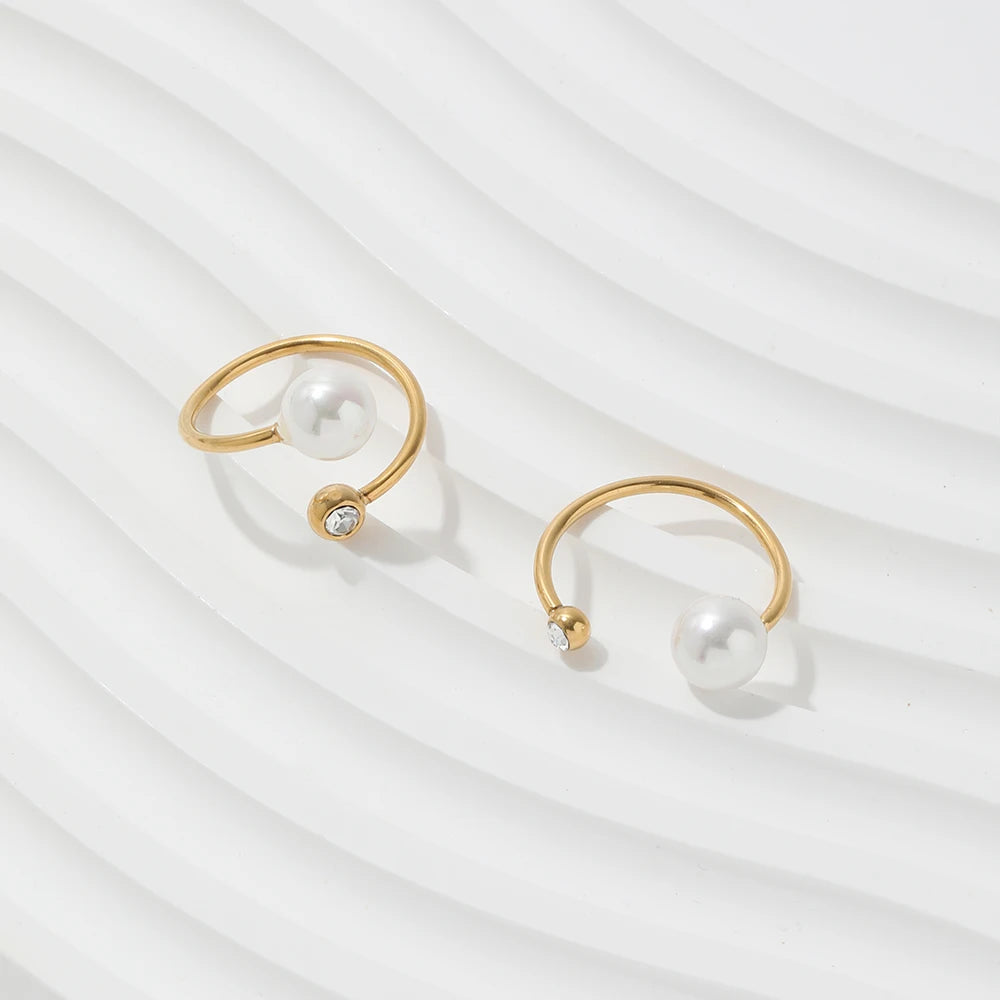 Joolim Jewelry Wholesale 18K  PVD Gold Plated Dainty Pearl CZ Stone Adjustable Stainless Steel Rings for Women