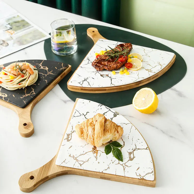 European Style San Shape Steak Plate Eco-Friendly Marble Texture Ceramic Kitchen Restaurant Wooden Plate
