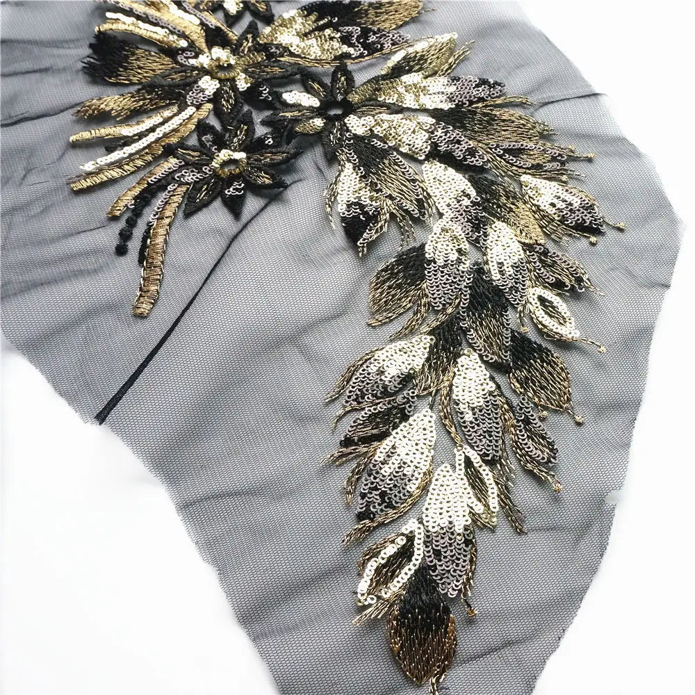 40CM Gold Blue Black Sequins Feather Tail Flowers Lace Trims Mesh Sew on Patches Embroidery for Wedding Appliques Decoration DIY