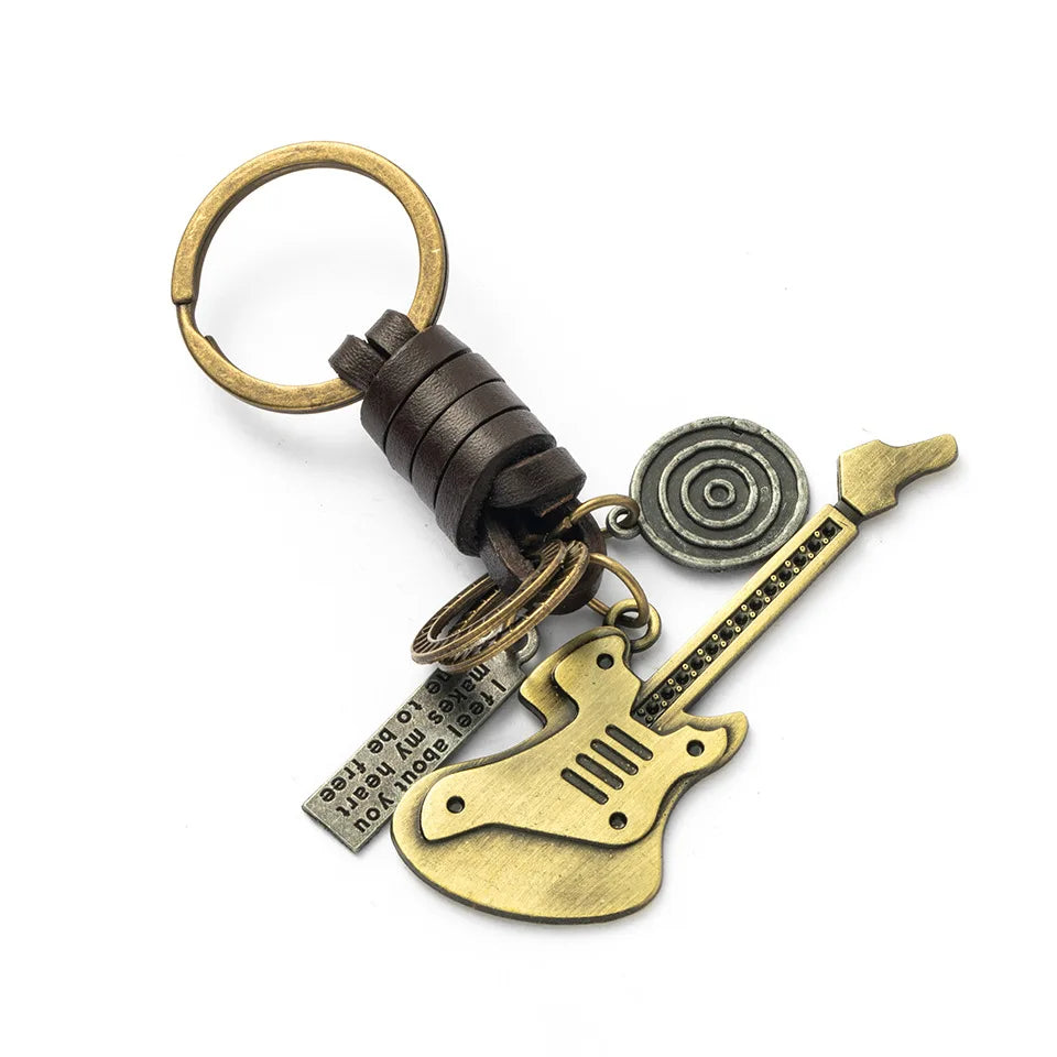 Vintage Music Lovers Gift Handmade Antique Gold Plated Guitar Keychain Accessories