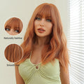 Factory Outlet MOQ 1 Orange Synthetic Wigs for Women Long Natural Wave Wigs with Bangs Ginger Hair Heat Resistant