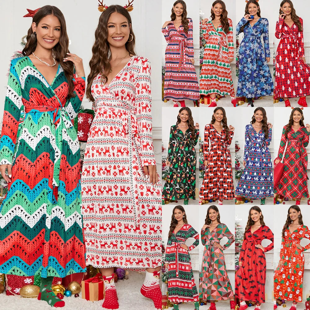 Latest Leisure Plaid Printed Moose Snow Lace up Belt V Neck Long Sleeve Christmas Dresses for Women