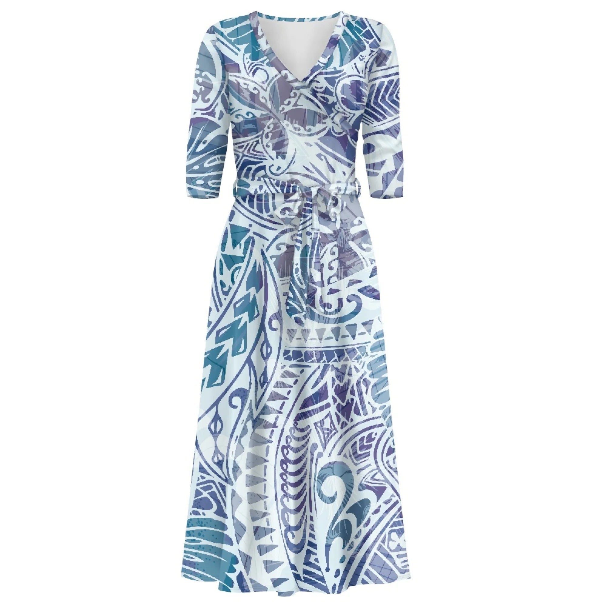 Blue Samoan Puletasi V-neck Casual Dresses Island Maxi Dress Elegant Polynesian Tribal Dress Custom Plus Size Women's Clothing