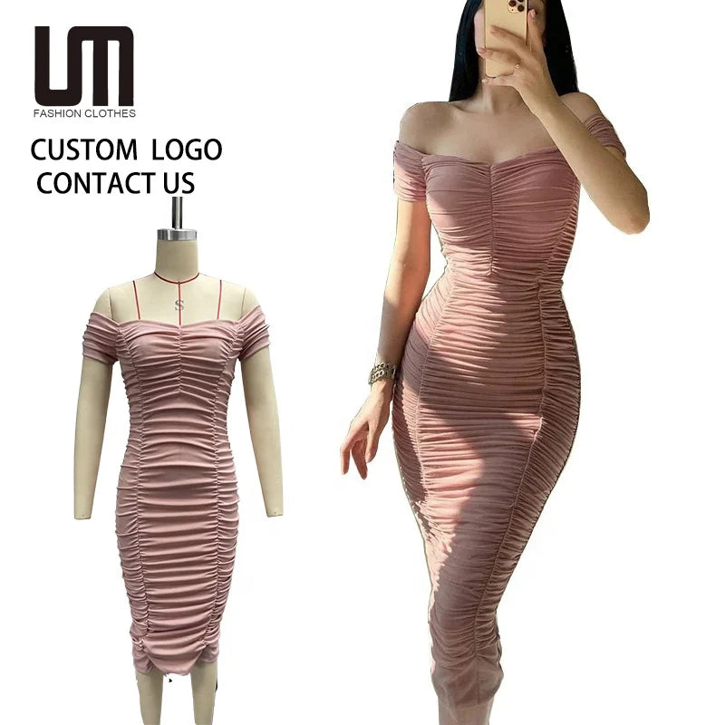 Custom logo Women's Elegant Off Shoulder Pleated Dress European & American Style Solid Color Summer Casual Dress
