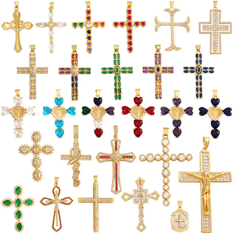 Diy Jewelry Copper Gold Plated Shiny Color Zircon Accessories Multicolor Pearl Cross Necklace Pendant for Jewelry Making