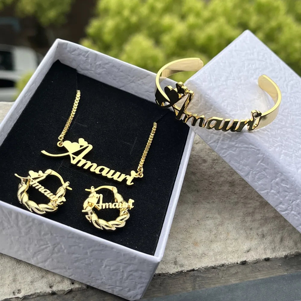 QIUHAN Personalized Customized Name Stainless Steel Mini Earrings Custom Name Jewelry Set