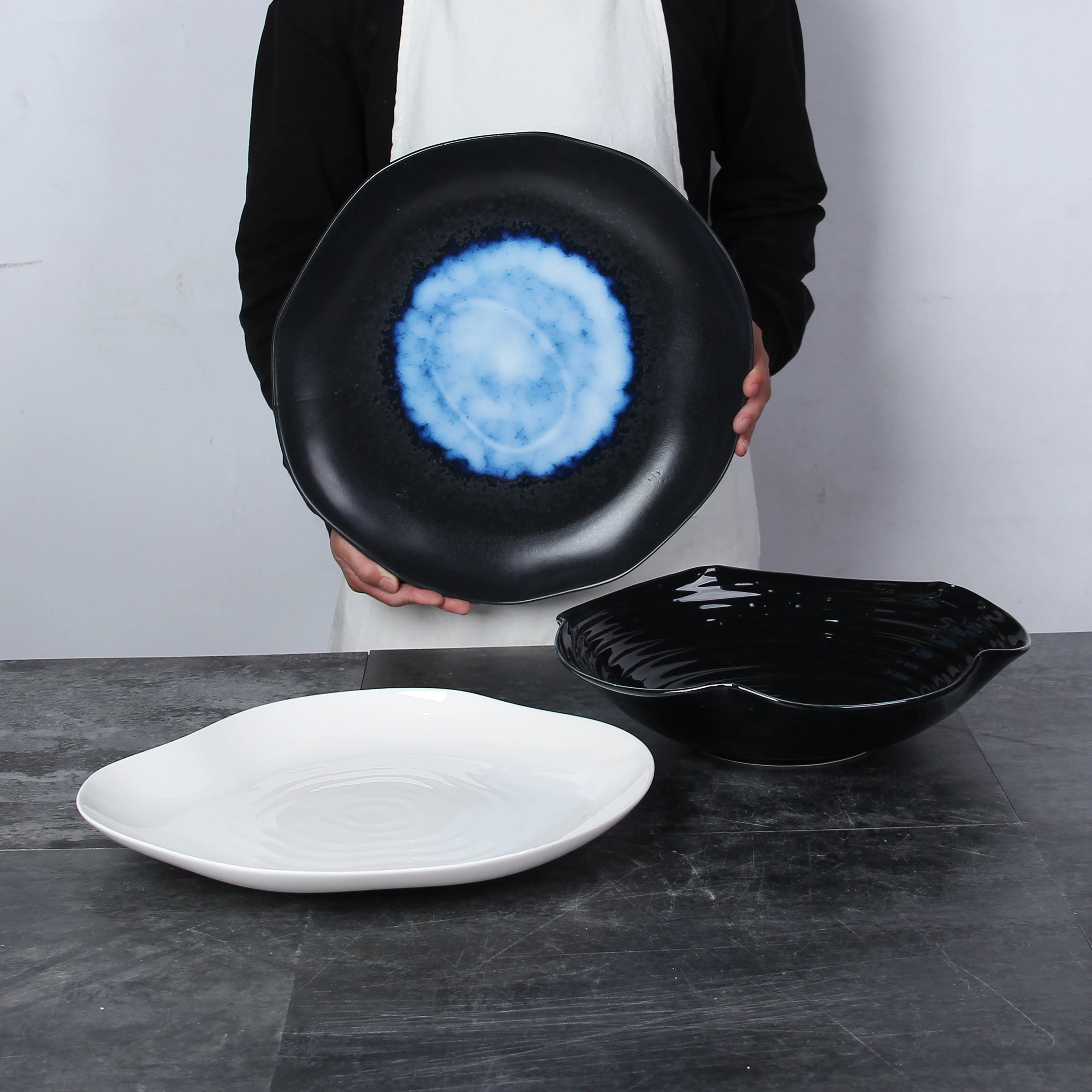 High Quality Extra Large Porcelain Bowls Plates Irregular Seafood Dinnerware Eco-Friendly Ceramic Dishes with Plant Pattern