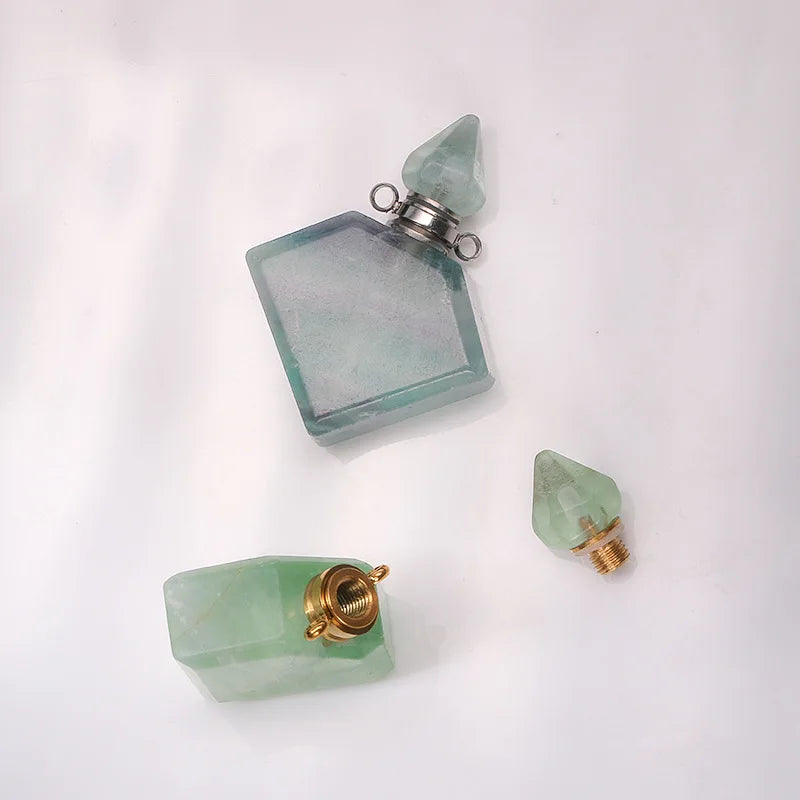 Natural Green Fluorite Crystal Quartz Gemstone Perfume Bottle Vial Chain Pendant Stone Necklace Jewelry Women