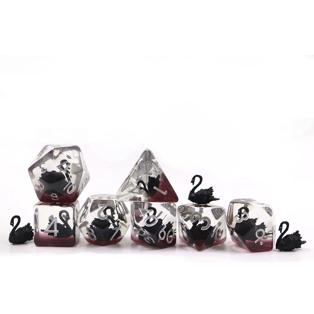 Professional Custom LOGO Resin DND Black  Swan Dice Set Polyhedral D6 D10 D20 Dice for Dungeon and Dragon RPG Board Game