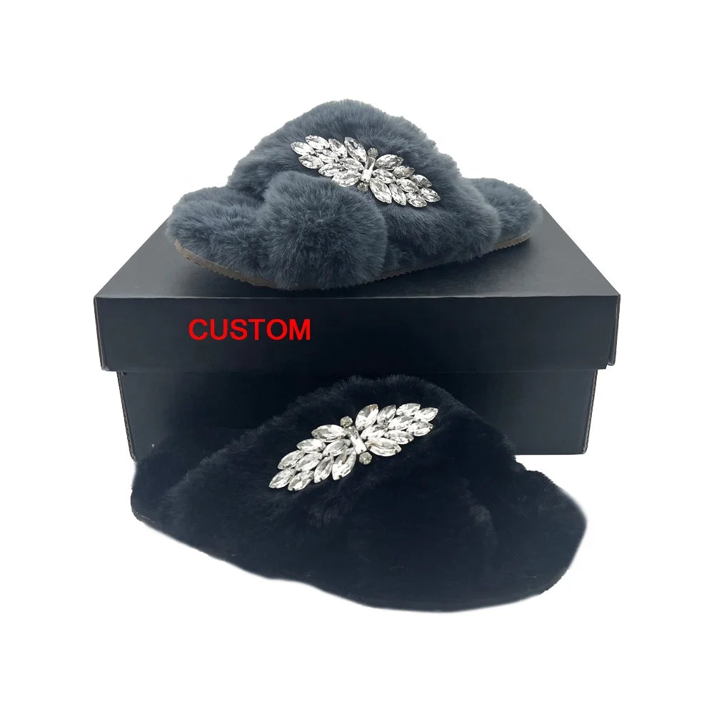 FLUFFY Winter Warm Bedroom Cozy Luxury Custom Colorful Home House Plush Home House Faux Fur Fluffy Plush slippers for Women