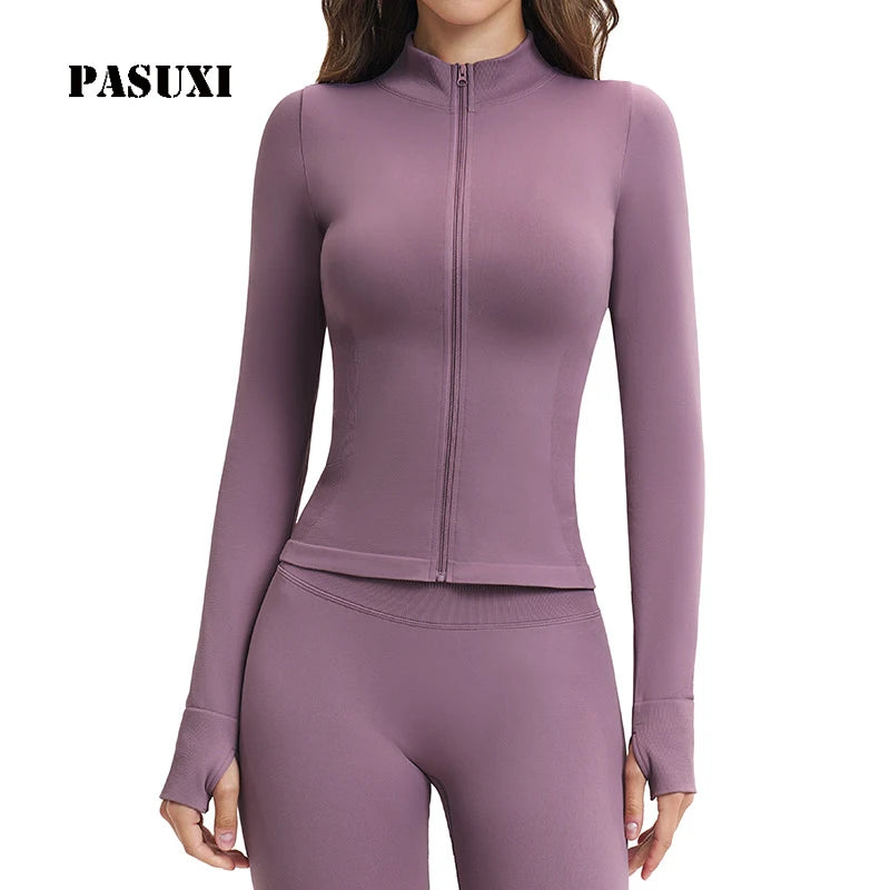PASUXI Slim Fit Yoga Jacket Women Full Zip Thermal Running Coat Professional Gym Sportswear Breathable Top