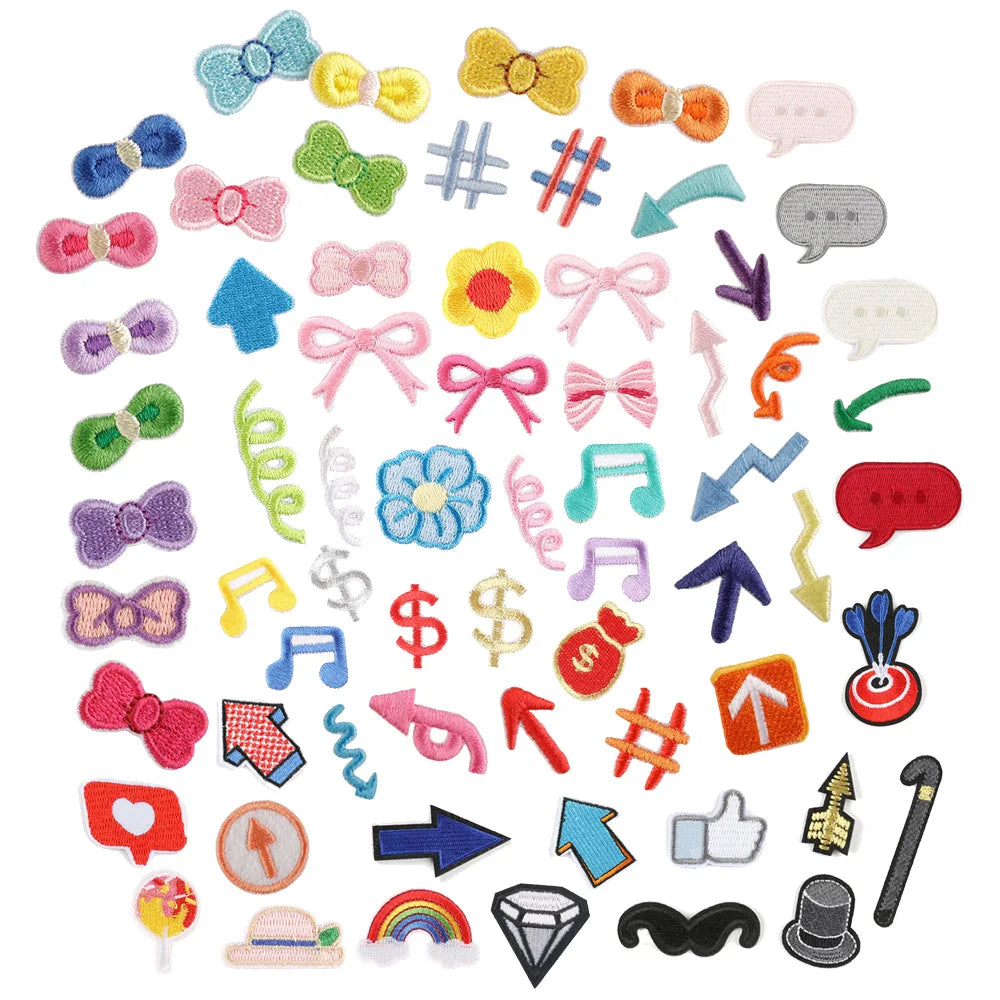 Lovely Mini Bow Arrow Music Money Flower Self Adhesive Iron on Backing Embroidered Small Patches for Clothing Bag Keyring