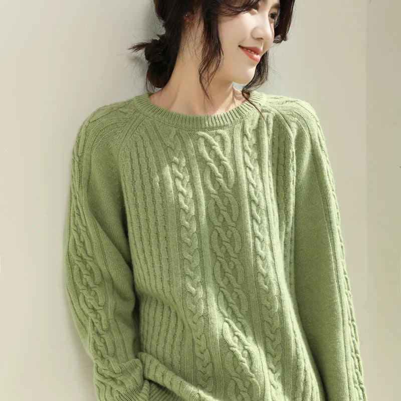 Autumn and Winter Round Neck Cashmere Sweater Long Sleeve Women Solid Color Loose Cable Knitted Sweater Pullover