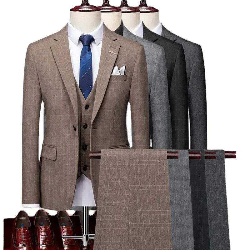 Factory Wholesale in Stock Men Suit 3 Pieces Set Jacket Vest Pants Plaid Grey Groom Suits Breathable Waterproof Button Fly