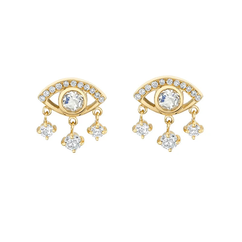925 Sterling Silver Zircon Eye Stud Tassel Earrings Rhodium Plated