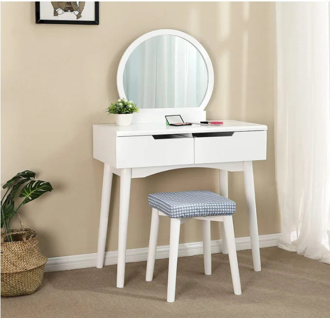 Hot Selling Solid Wood Makeup Table with Round Mirror Simple Dressing Table