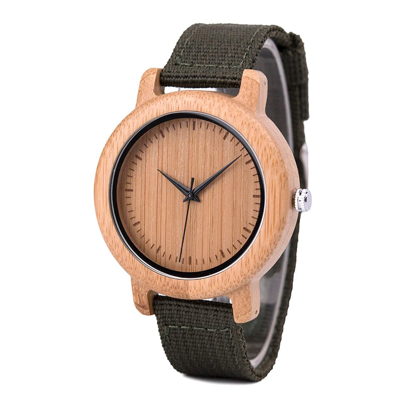 Fashion Couples Bamboo Wooden Watches with Pointer Dial Display and Fabric Strap Handmade OEM Gifts for Men Women Box Packing