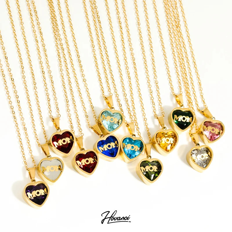 HOVANCI Zircon Mother Day Jewelry Gifts Mom Crystal Love Heart Birthstone Necklace for Women