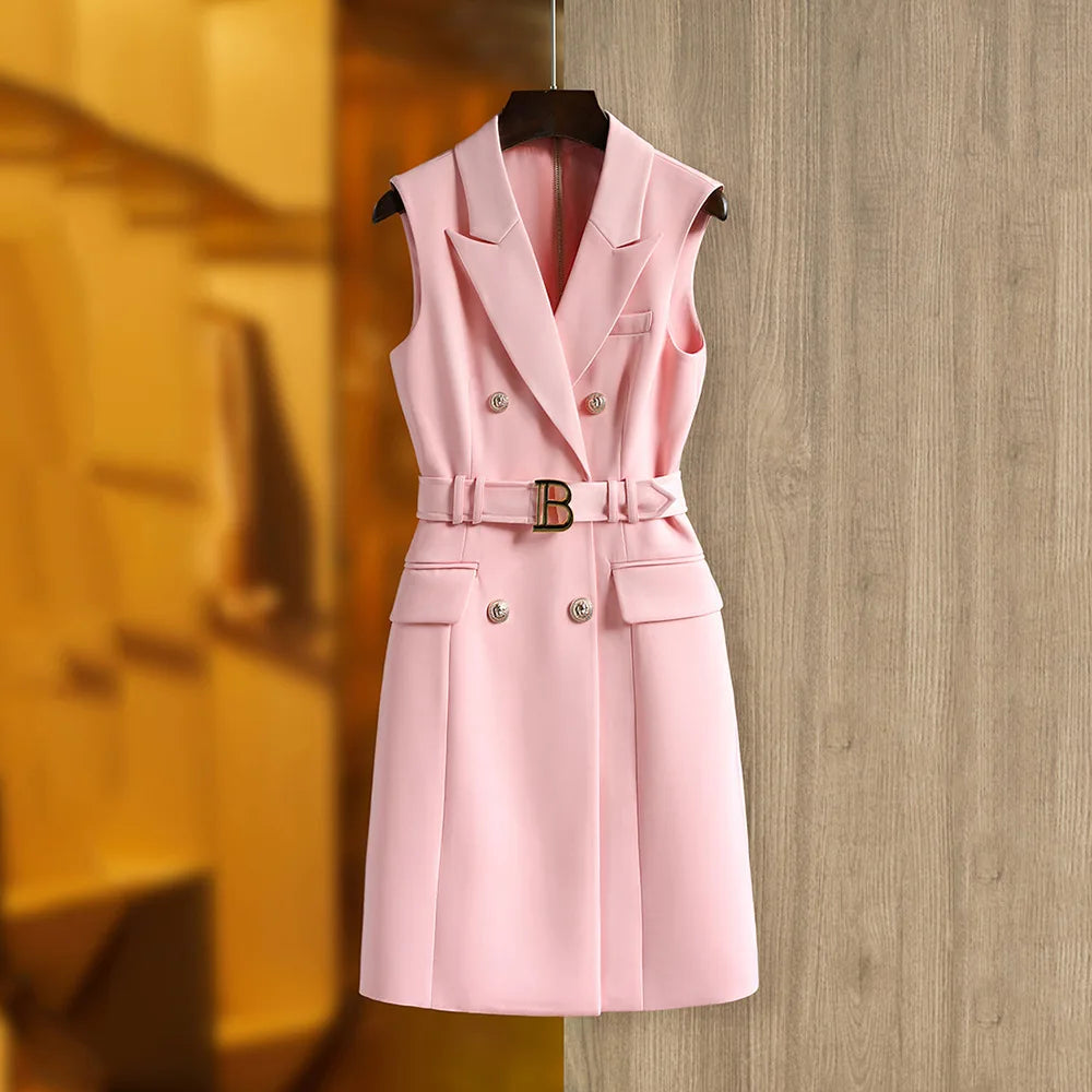 Lady Elegant Style Sleeveless Office Wear Notched Double-breasted Straight Cutting Women Solid Blazer Dress With Belt