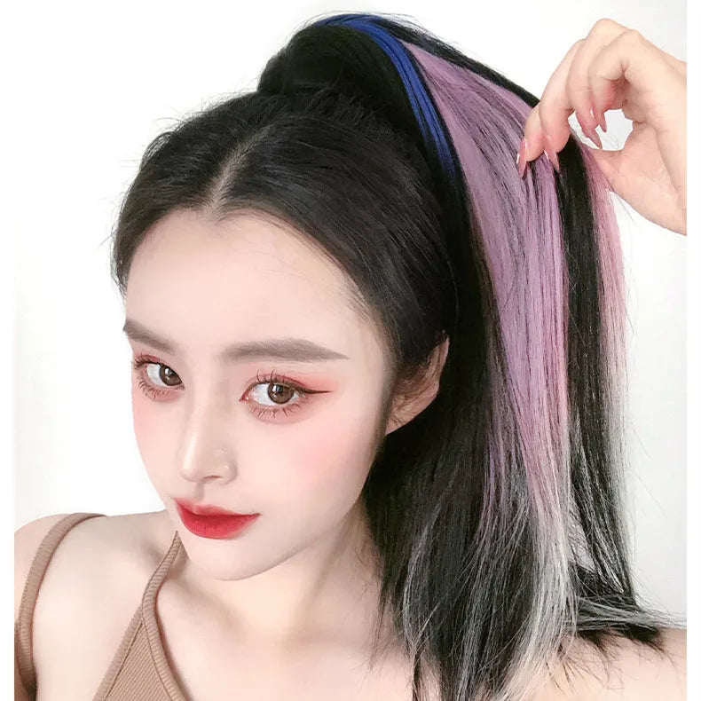 ZP LONGFOR Synthetic Hair Long Straight Micro-loop V-Tip Clip-in Ponytail Highlight Gradient Hair Clip High Temperature Fiber