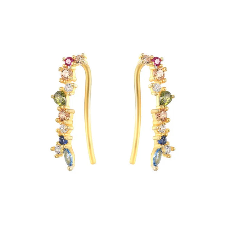 Dainty 18k Gold Plated 925 Sterling Silver Cz Gemstone Diamond Pave rainbow Clip Earrings Wholesale for Women