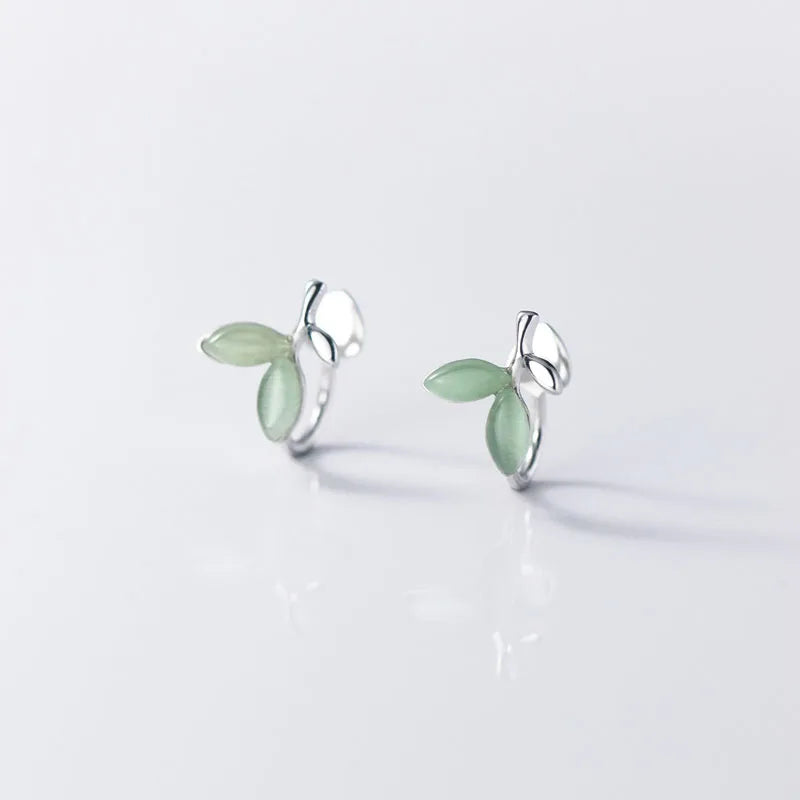 New Fresh 925 Sterling Silver Synthetic Green Opal Leaves Clip Earrings for Girls Women Sterling Silver Jewelry
